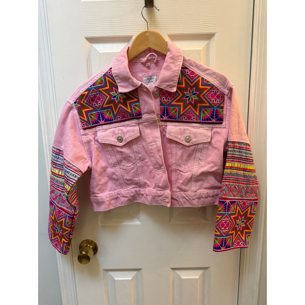 Bershka BSKGIRL Pink Denim Embroidered Cropped Jacket Small Boho Tribal Trucker